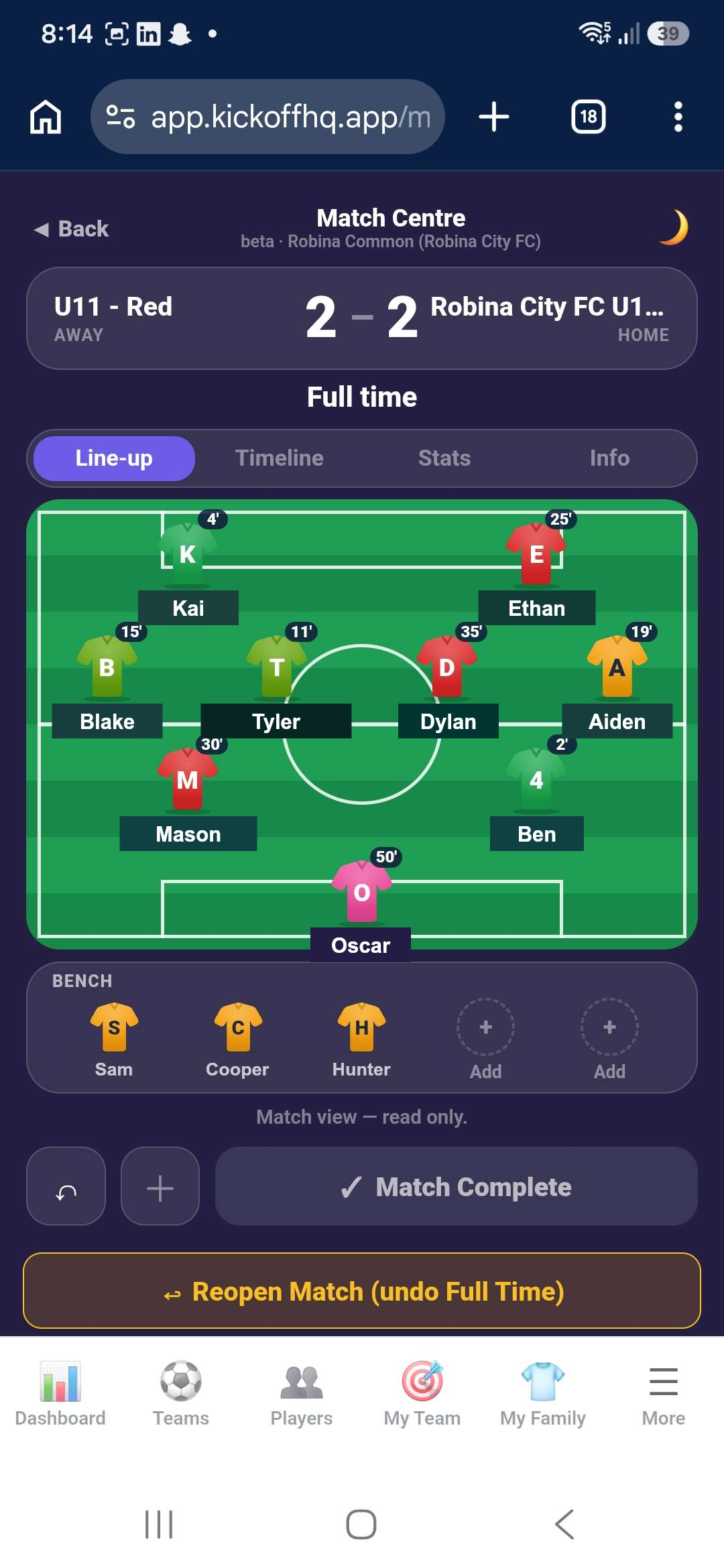 Live match scoring with player game-time