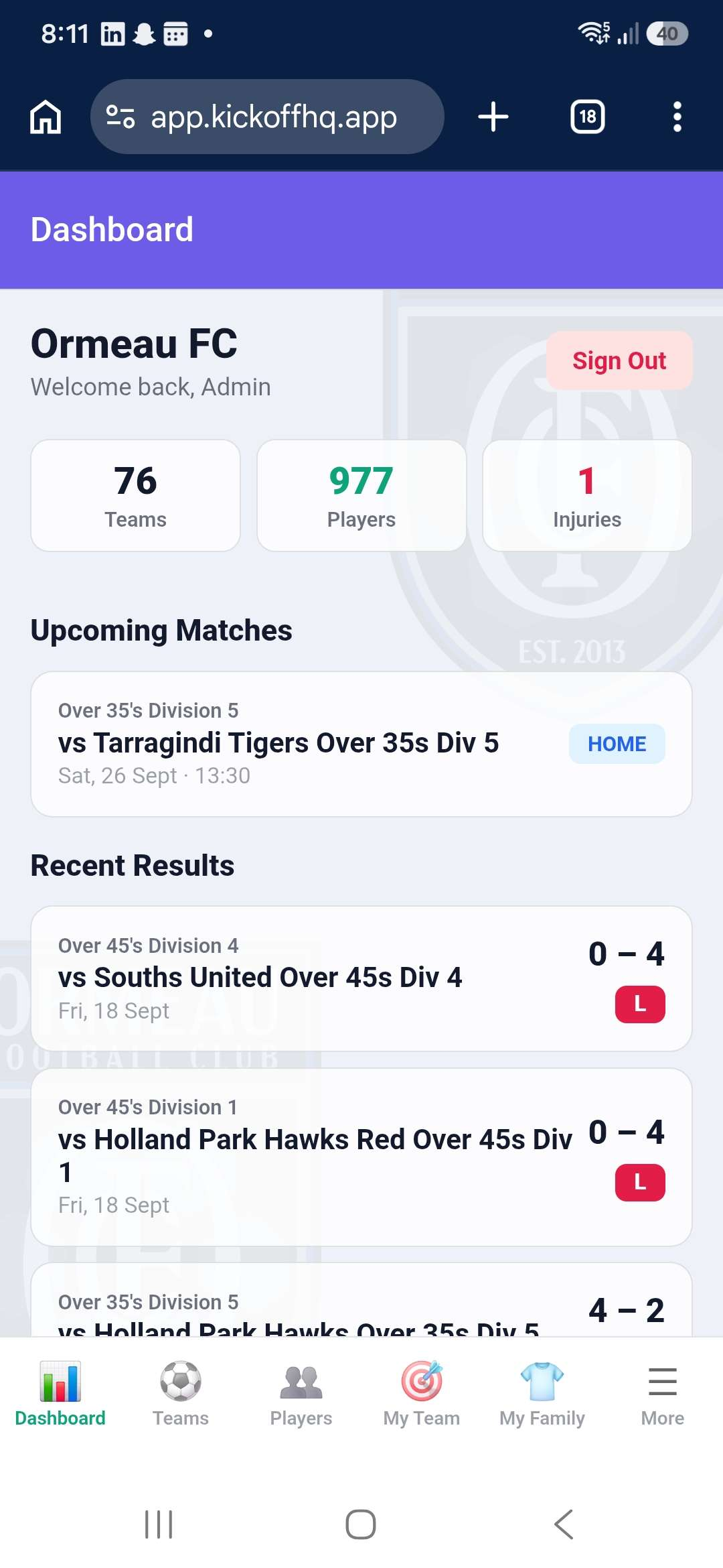 Club-wide dashboard with teams, players and fixtures