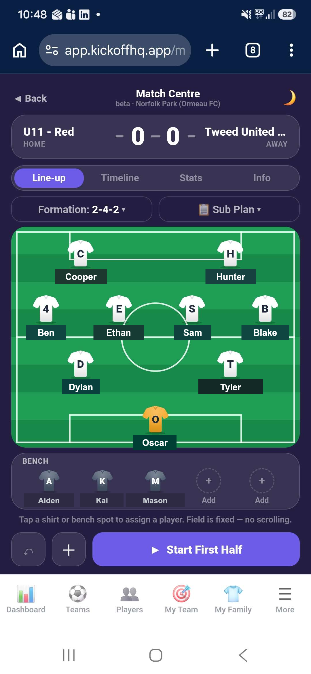 Match-day line-up and formation builder